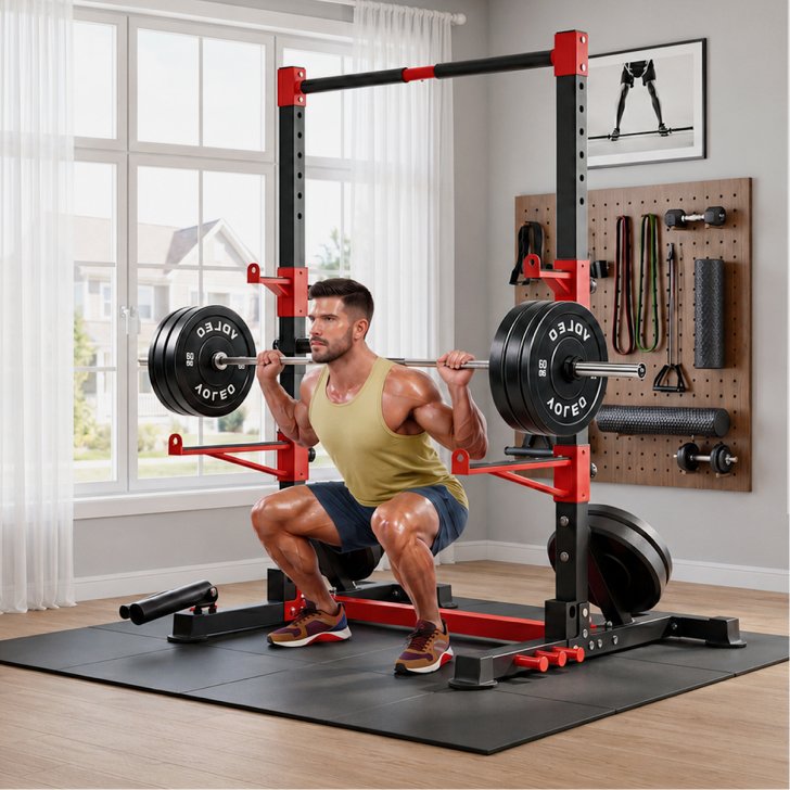 A lifter squatting inside a YOLEO rack in a home gym